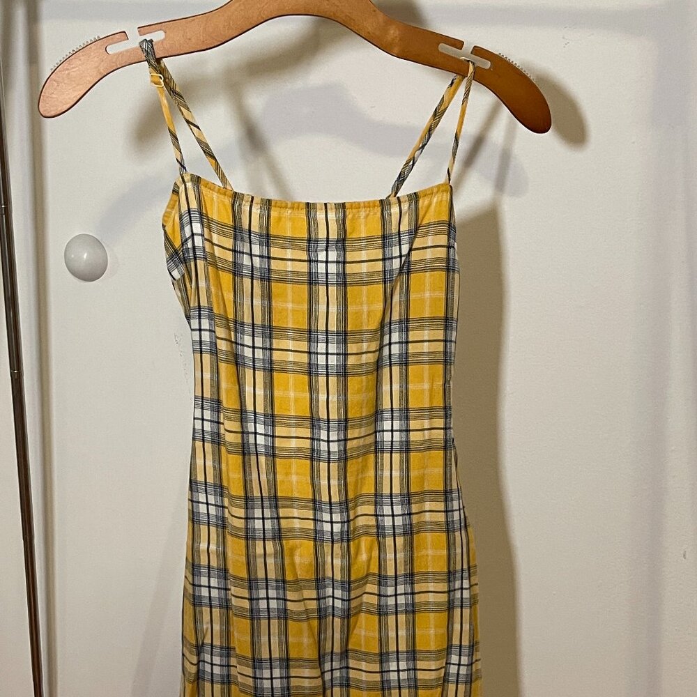 VINTAGE STYLE TOBI MINI DRESS YELLOW PLAID TIE BACK SUMMER DRESS XS